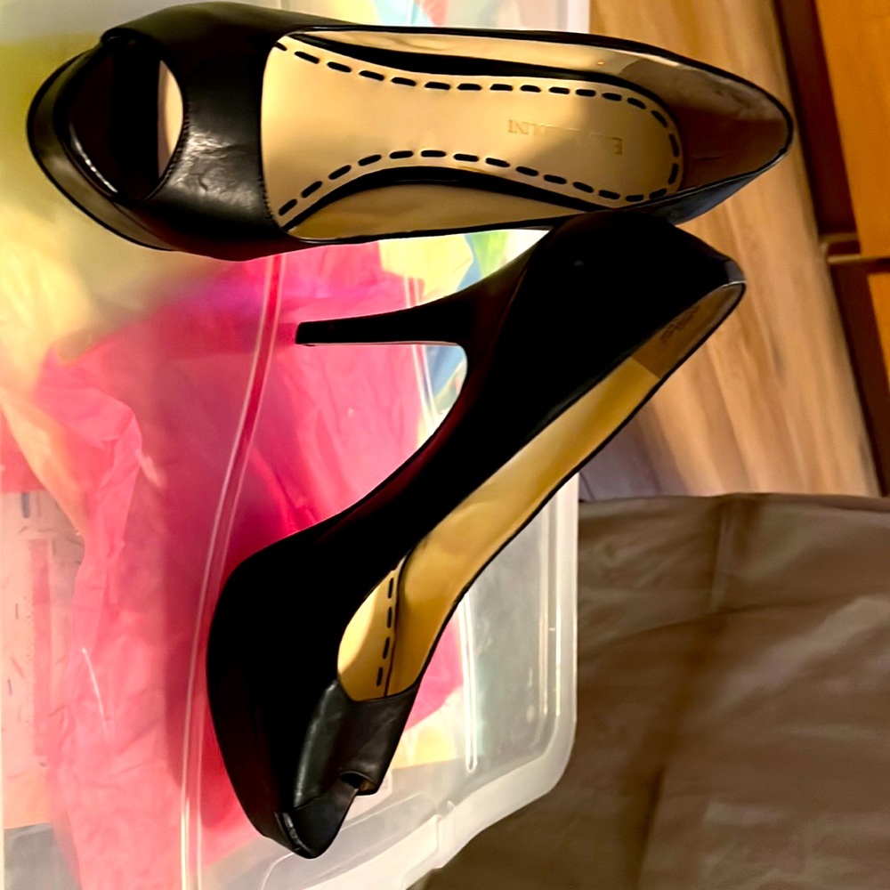 Peep toe platform black leather heels. 5”